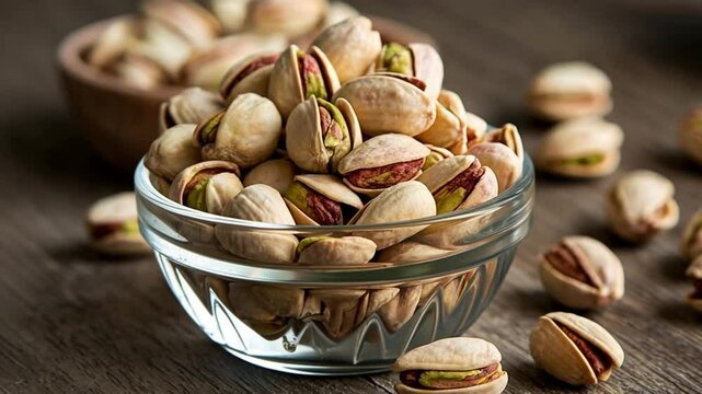A close-up of open pistachios in a glass bowl with a few scattered around