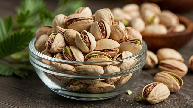 A close-up of open pistachios in a glass bowl with a few scattered around