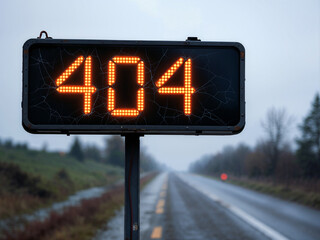Error code 404 displays on cracked screen along an empty highway during a foggy day