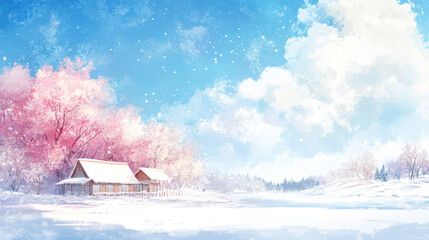 Serene winter scene with pastel pink trees and snow-covered houses. A picturesque, dreamy landscape.