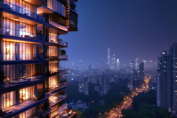 夜の都市 - 未来的な高層ビルと車の光跡