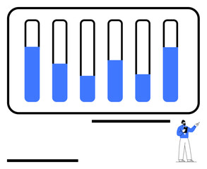Vertical bar chart representing data trends and presenter conveying analytical interpretations. Ideal for business insights, statistics, performance tracking, presentations, research, strategy