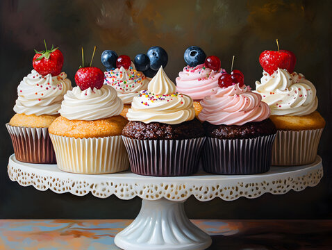 Gourmet Cupcakes Display: Colorful Dessert Treats with Frosting, Berries, and Sprinkles for Festive Celebrations and Parties - Homemade, Delicious, Joyful Indulgence in Every Bite