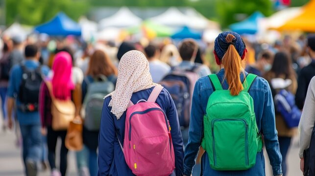 Group of diverse individuals walking together at a vibrant outdoor market with colorful tents and stalls