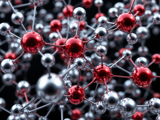 Molecular structure connects silver and red atoms in a complex network against a dark backdrop scientific visualization