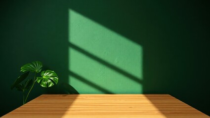 Minimalist Wooden Table with Green Wall and Shadow