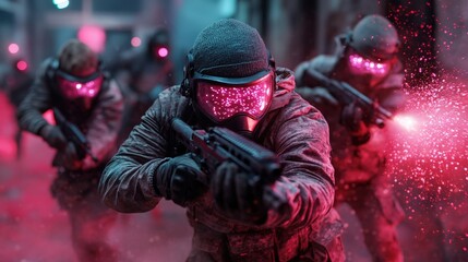 Futuristic soldiers moving through the haze of a battlefield, their glowing helmets reflecting the fiery energy of their environment, depicting a high-stakes confrontation.