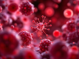 Virus structures float with spiked proteins on a red microscopic background depicting infection