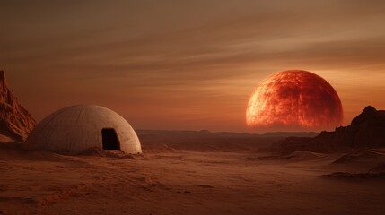 Fototapeta premium A futuristic habitat showcased against a stunning red planet backdrop, representing human innovation and adaptability to new environments while highlighting the beauty of science fiction.