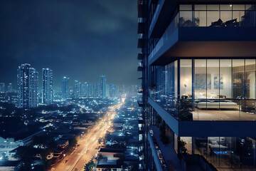 夜の都市 - 未来的な高層ビルと車の光跡