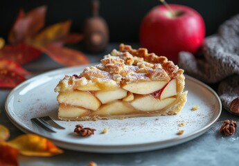 Delicious slice of homemade apple pie with flaky crust and fresh apple filling, surrounded by autumn leaves and decorative elements