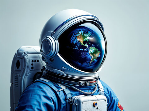Astronaut with Earth reflection in helmet shows space exploration future hope adventure