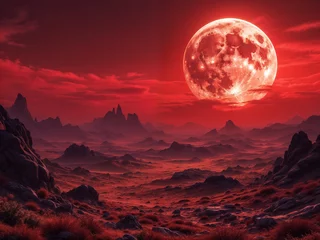 Blood moon illuminates a barren landscape casting red hues over mountains and rocky terrain creating an eerie vista