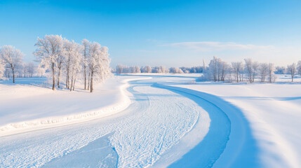Fototapeta premium Serene winter landscape with snow-covered trees and a frozen river winding through a pristine field. Breathtaking winter wonderland.