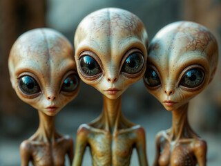 Three Aliens stare intently with large eyes in a close studio shot looking otherworldly and mysterious