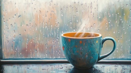 Rainy day, steaming mug, window view, cozy home