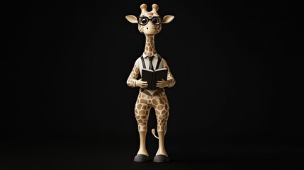 Cartoon giraffe in glasses and suit holding a book against a black background.