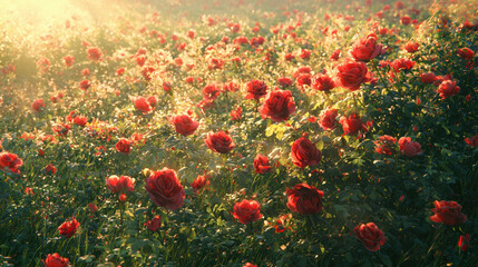 A field of wild red dense roses, summer noon midday high sun sunlights, the photo is taken from far away, 8k 