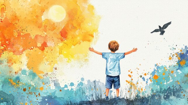 Child Embracing Nature in Vibrant Watercolor Horizon Scene