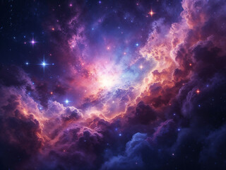 Vibrant nebula glows with celestial light amidst cosmic clouds and twinkling stars in space