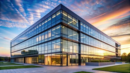 Sleek glass and steel fa?ade of a contemporary office building at sunset, sunset, modern design