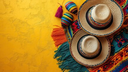 Sombrero hats, maracas, and a colorful serape on a vibrant yellow background capture the spirit of a Mexican national holiday.