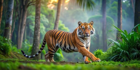 Majestic Malayan tiger stretches in forest clearing surrounded by lush greenery and tall trees, wildlife photography, nature