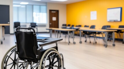 Empty classroom with a wheelchair in focus, showcasing accessibility features and modern design