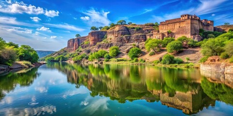 Fototapeta premium Serene scenery of Kund water body within Ranthambore Fort's majestic walls, with a brilliant blue sky above, surrounded by lush greenery and rocky outcrops , water body, kund