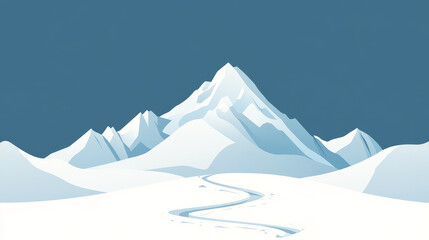 Serene winter landscape: snow-covered mountains and a winding path. Peaceful, minimalist illustration.