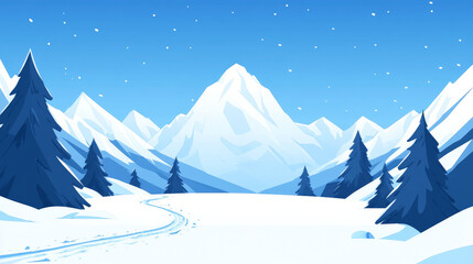 Serene winter landscape with snow-covered mountains and evergreen trees. A peaceful scene of snowy hills and a winding path.