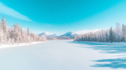 Obraz premium Serene winter landscape: snow-covered trees line a frozen river, mountains in the background under a vibrant blue sky.