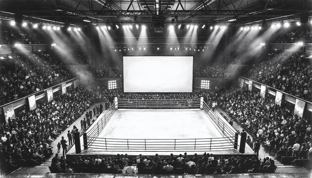 Boxing ring with ropes with blue spotlights and smoke. Boxing tournament for the championship. Boxing Championship. Fight night, by generative AI.