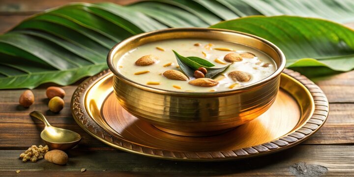 Traditional Kerala Onam dessert Palada payasam made with semolina, jaggery and milk, served in a decorative metal bowl, Palada payasam, kerala dessert