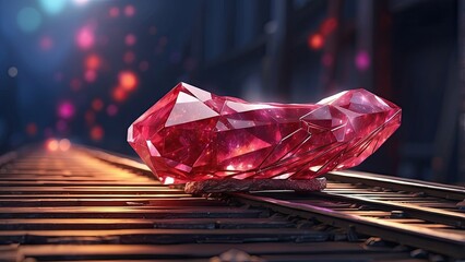 A large, faceted red gemstone resting on railroad tracks