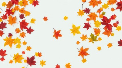 Collection of colorful autumn leaves in random scattered arrangement against a plain white surface, nature backdrop, floral patterns, leafy greens
