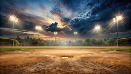 Baseball field at dusk with eerie atmosphere, deserted, dusty,  deserted, dusty, fog, smoke, misty