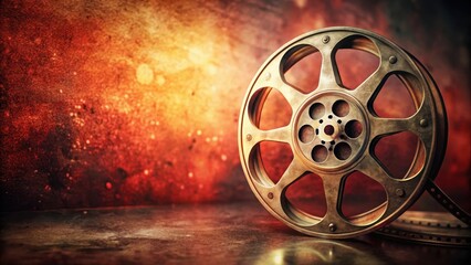 Obraz premium Film Reel on Red Background Close-up, faded color, rusty hue, faded color