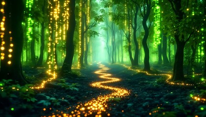Magical Forest Path with Glowing Lights and Green Trees