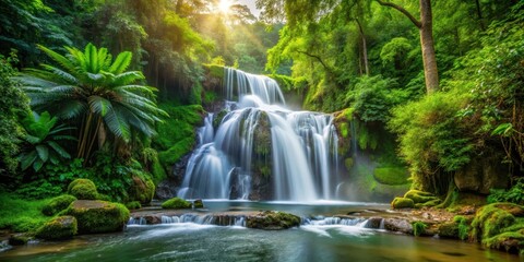 Obraz premium waterfall flowing through dense foliage, forest ecosystem