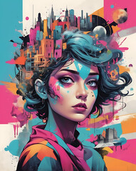 Fototapeta premium A creative mix of street art graffiti, surreal dreamscapes, and abstract collaged elements that merge urban grit with otherworldly aesthetics.
