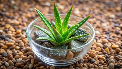 Fototapeta premium Close-up of Aloe vera leaves growing in a small glass pot with soil and pebbles, highlighting the plant's unique texture and pattern, botanical close-up, aloe vera leaves