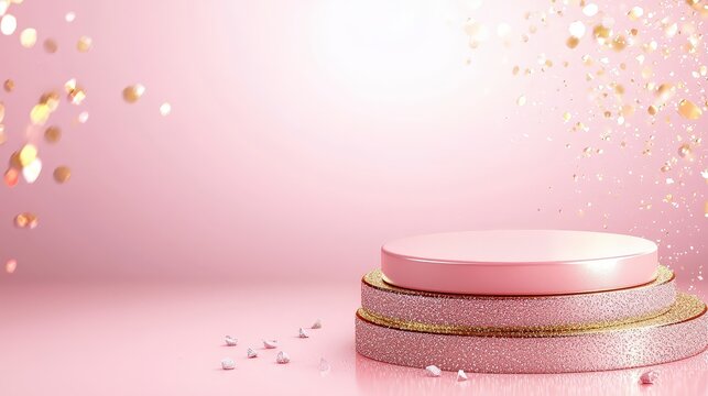 Sparkling Pink Podium with Falling Gold Confetti and Shimmering Background