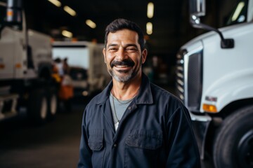 Smiling portrait of a middle aged Mexican male tow truck driver