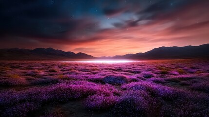 This breathtaking image portrays fields of vibrant purple blossoms stretching under a starry twilight sky, creating a stunning interplay of color and evoking emotions of joy and tranquility.