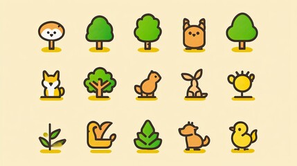 Cute cartoon animal and tree icons set.  Perfect for kids' projects, websites, or apps.  Includes fox, rabbit, chick, and more.