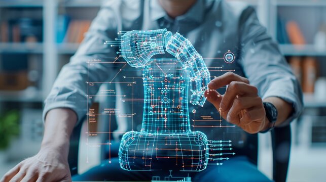 Designing the Future: A forward-thinking professional interacts with a holographic projection of a robotic arm, symbolizing innovation and technological advancement in a modern workspace. 