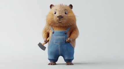 Cute cartoon beaver wearing denim overalls holding a small axe against a white background.