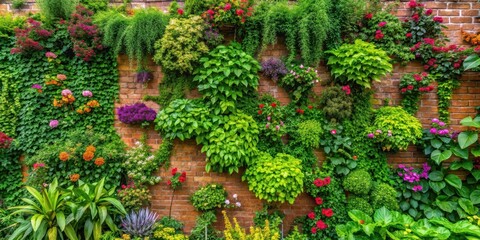 A lush green wall garden created by climbing plants on a brick wall, with intricate foliage and vibrant flowers