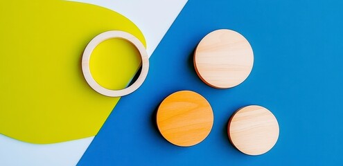 Colorful Wooden Shapes on Bright Geometric Background